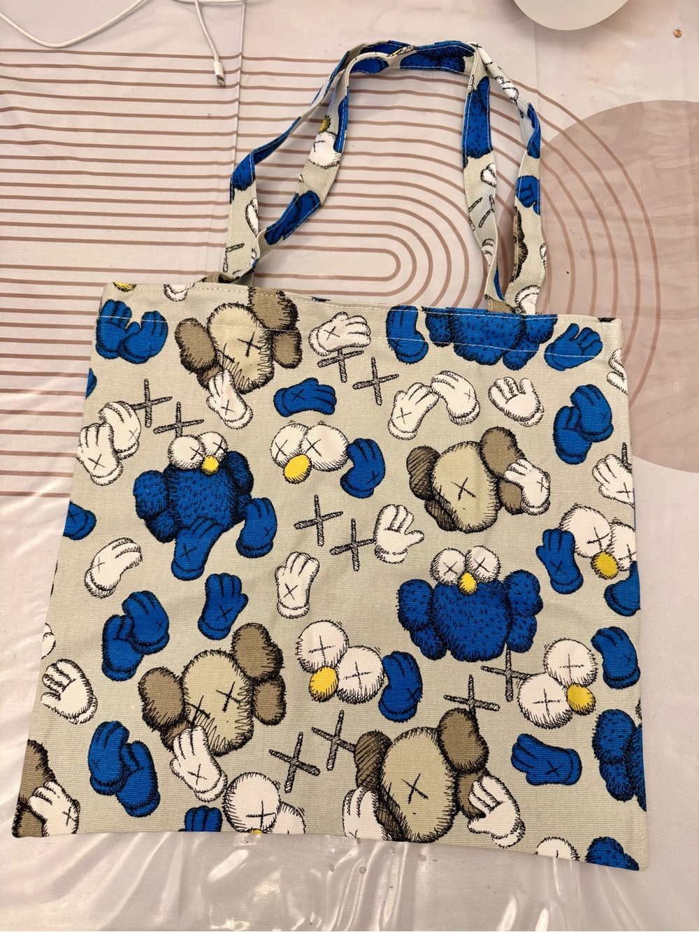 KAWS Kids Canvas Tote in Blue, Brown & Yellow Character Print